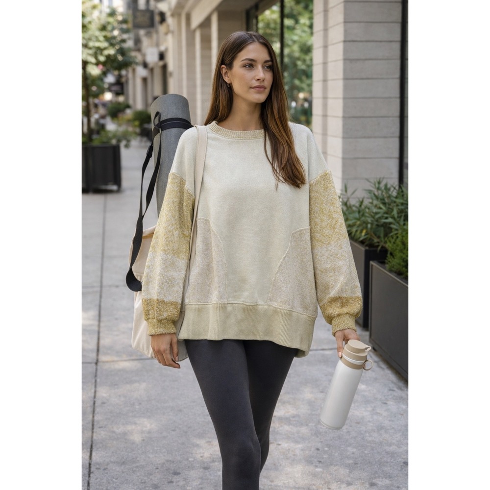 FP Movement‎ Cream Mixed Media Knit Sleeve Sweatshirt Size Small